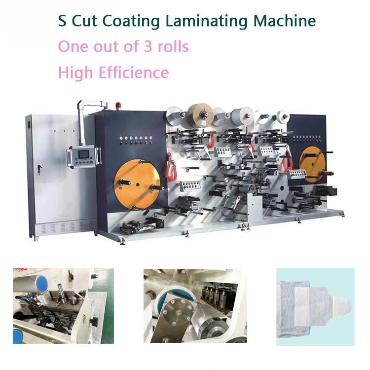 One out of 3 Rolls S Cutting Non-Woven Elastic Ear Baby Diaper Side Tape Adhesive Coating Laminating Machine